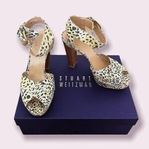Stuart Weitzman Snakeskin Pumps Cream Gold Open Toe Buckle Heels Womens Size 6.5